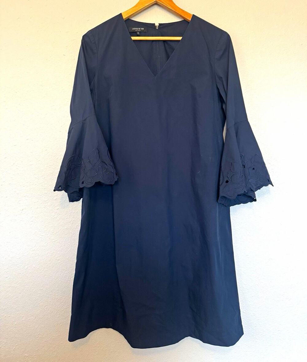 Lafayette 148 New York Navy V-Neck Bell Sleeve Shift Knee Dress Size M